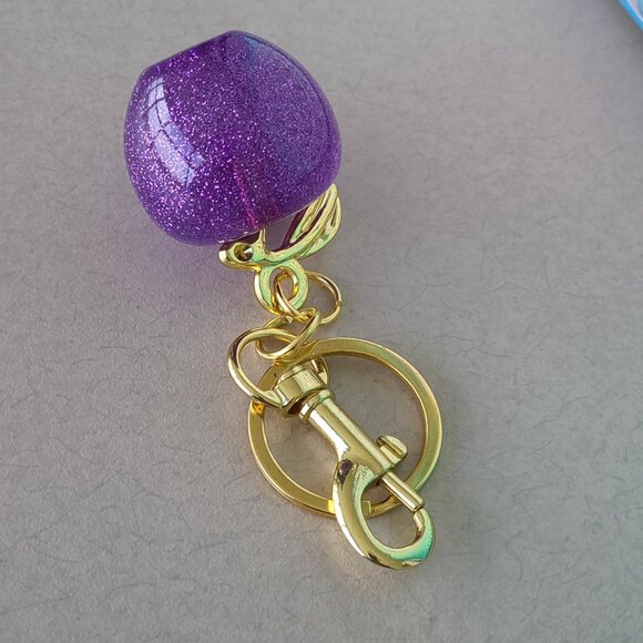 Purple Apple Purse Charm and Key Ring Sparkly Gold or Silver Toned Hardware - Picture 7 of 12